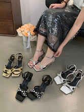 LBSFY  -  Square Toe Women Sandals Rivet Design Black Gold Silver White Ankle Strap Summer Party Sandals Thin High Heels Slides Mules 39